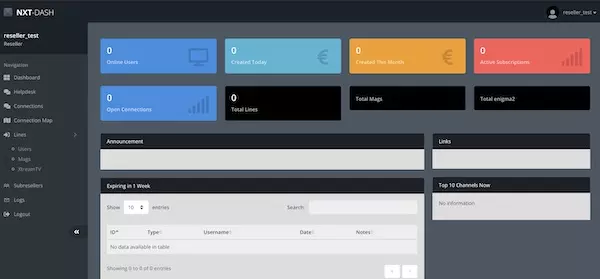 TereaTV Reseller Dashboard - white-label IPTV management panel showing live stats, active subscriptions, and channel analytics